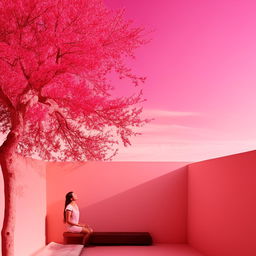 A girl sitting on a balcony, gazing at the sky with a pink theme throughout the scene. The scene also contains a vibrant pink tree.