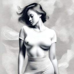 A tastefully done digital art piece displaying a woman in a form-fitting, semi-transparent white t-shirt