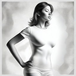 A tastefully done digital art piece displaying a woman in a form-fitting, semi-transparent white t-shirt