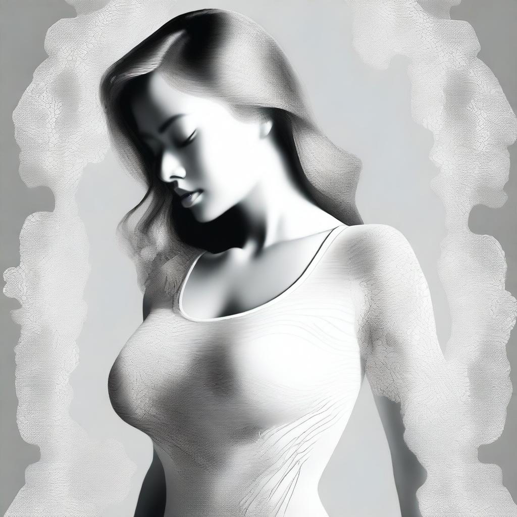 A tastefully done digital art piece displaying a woman in a form-fitting, semi-transparent white t-shirt