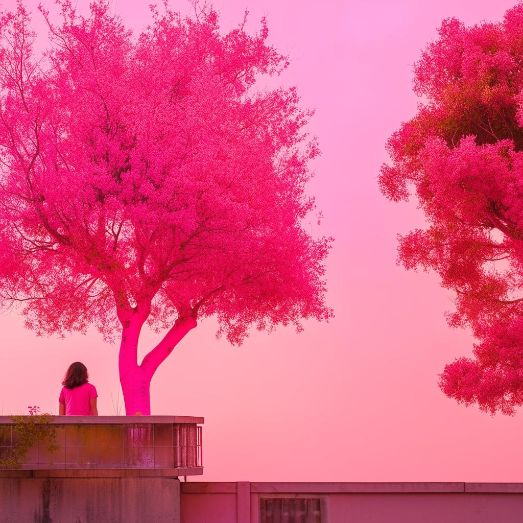 A girl sitting on a balcony, gazing at the sky with a pink theme throughout the scene. The scene also contains a vibrant pink tree.