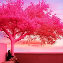 A girl sitting on a balcony, gazing at the sky with a pink theme throughout the scene. The scene also contains a vibrant pink tree.