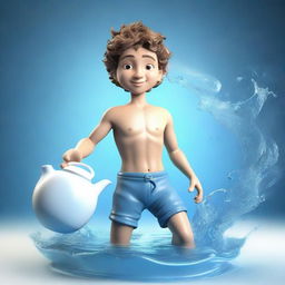 3D depiction of an endearing young guy symbolizing the Aquarius zodiac sign, holding a water jug and surrounded by water and air elements.