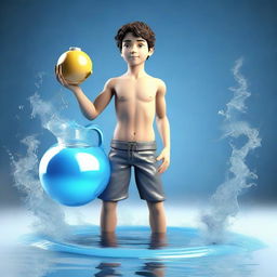 3D depiction of an endearing young guy symbolizing the Aquarius zodiac sign, holding a water jug and surrounded by water and air elements.