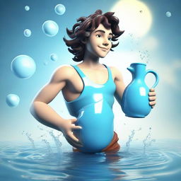 3D depiction of an endearing young guy symbolizing the Aquarius zodiac sign, holding a water jug and surrounded by water and air elements.