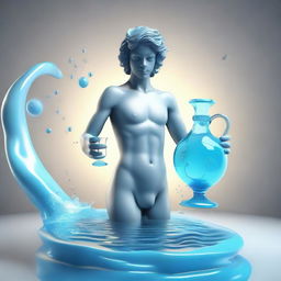 3D depiction of an endearing young guy symbolizing the Aquarius zodiac sign, holding a water jug and surrounded by water and air elements.