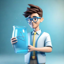 A 3D render of a cute young man embodying the Aquarius zodiac sign, wearing stylish glasses and holding a symbolic water jug.