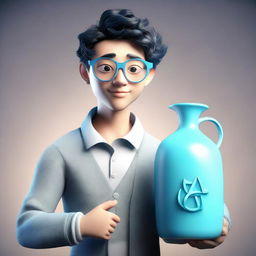 A 3D render of a cute young man embodying the Aquarius zodiac sign, wearing stylish glasses and holding a symbolic water jug.