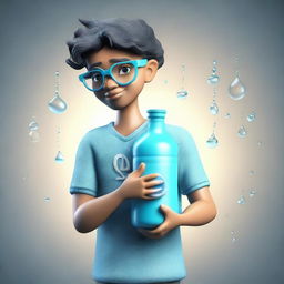 A 3D render of a cute young man embodying the Aquarius zodiac sign, wearing stylish glasses and holding a symbolic water jug.