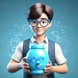 A 3D render of a cute young man embodying the Aquarius zodiac sign, wearing stylish glasses and holding a symbolic water jug.