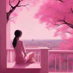 A girl sitting in a balcony under a pink sky, with a lush pink tree nearby, expressing a strong sense of serenity.