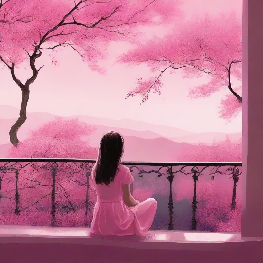 A girl sitting in a balcony under a pink sky, with a lush pink tree nearby, expressing a strong sense of serenity.