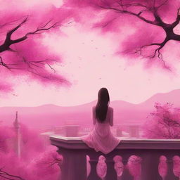 A girl sitting in a balcony under a pink sky, with a lush pink tree nearby, expressing a strong sense of serenity.