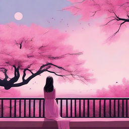 A girl sitting in a balcony under a pink sky, with a lush pink tree nearby, expressing a strong sense of serenity.