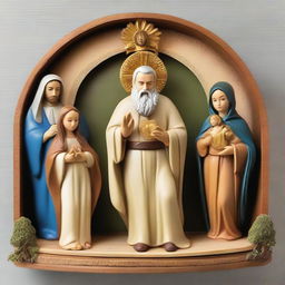 Create an image featuring Saint Joseph, Padre Pio, the Virgin of Lujan, the Virgin of Chiquinquira of Maracaibo, Sacred Heart of Jesus, and Our Lady of Lourdes. Each figure with its most symbolic power, occupying its own space in a letter-sized layout.