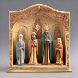 Create an image featuring Saint Joseph, Padre Pio, the Virgin of Lujan, the Virgin of Chiquinquira of Maracaibo, Sacred Heart of Jesus, and Our Lady of Lourdes. Each figure with its most symbolic power, occupying its own space in a letter-sized layout.