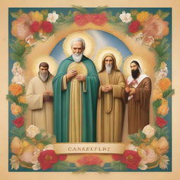 Create an image featuring Saint Joseph, Padre Pio, the Virgin of Lujan, the Virgin of Chiquinquira of Maracaibo, Sacred Heart of Jesus, and Our Lady of Lourdes. Each figure with its most symbolic power, occupying its own space in a letter-sized layout.