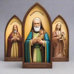 Create an image featuring Saint Joseph, Padre Pio, the Virgin of Lujan, the Virgin of Chiquinquira of Maracaibo, Sacred Heart of Jesus, and Our Lady of Lourdes. Each figure with its most symbolic power, occupying its own space in a letter-sized layout.