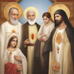 Revise the previous image to have a more realistic style, still featuring Saint Joseph, Padre Pio, the Virgin of Lujan, the Virgin of Chiquinquira of Maracaibo, Sacred Heart of Jesus, and Our Lady of Lourdes. Maintain the letter-sized layout.