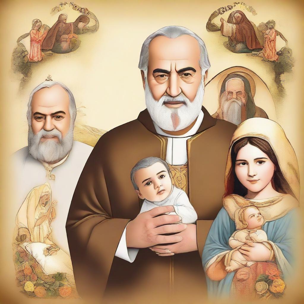 Revise the previous image to have a more realistic style, still featuring Saint Joseph, Padre Pio, the Virgin of Lujan, the Virgin of Chiquinquira of Maracaibo, Sacred Heart of Jesus, and Our Lady of Lourdes. Maintain the letter-sized layout.