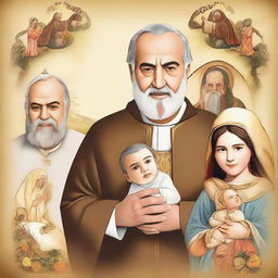 Revise the previous image to have a more realistic style, still featuring Saint Joseph, Padre Pio, the Virgin of Lujan, the Virgin of Chiquinquira of Maracaibo, Sacred Heart of Jesus, and Our Lady of Lourdes. Maintain the letter-sized layout.