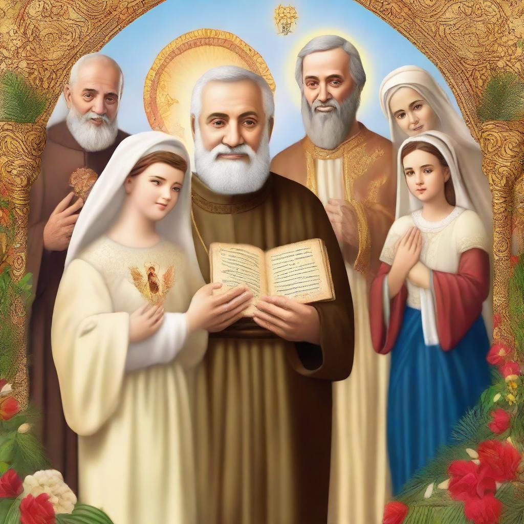 Revise the previous image to have a more realistic style, still featuring Saint Joseph, Padre Pio, the Virgin of Lujan, the Virgin of Chiquinquira of Maracaibo, Sacred Heart of Jesus, and Our Lady of Lourdes. Maintain the letter-sized layout.