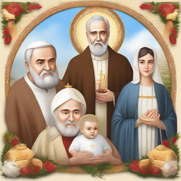 Revise the previous image to have a more realistic style, still featuring Saint Joseph, Padre Pio, the Virgin of Lujan, the Virgin of Chiquinquira of Maracaibo, Sacred Heart of Jesus, and Our Lady of Lourdes. Maintain the letter-sized layout.