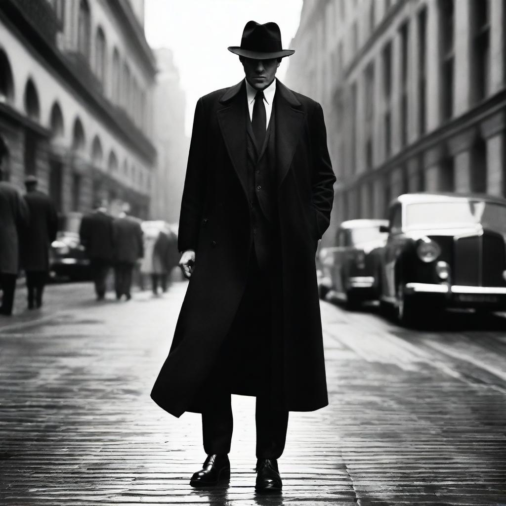 A classic mafia outfit including a tailored black suit, crisp white shirt, silk tie, polished leather shoes, a black fedora hat, and a long wool trench coat