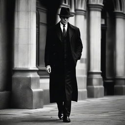 A classic mafia outfit including a tailored black suit, crisp white shirt, silk tie, polished leather shoes, a black fedora hat, and a long wool trench coat