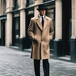 A classic mafia outfit including a tailored black suit, crisp white shirt, silk tie, polished leather shoes, a black fedora hat, and a long wool trench coat