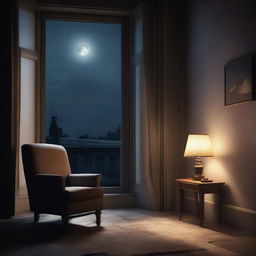 A dimly lit room with an unoccupied armchair next to a window, looking out onto an empty street under a moonlit sky, portraying a sense of solitude and melancholy vibes