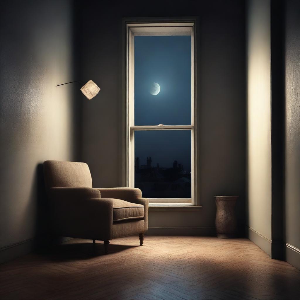 A dimly lit room with an unoccupied armchair next to a window, looking out onto an empty street under a moonlit sky, portraying a sense of solitude and melancholy vibes