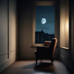 A dimly lit room with an unoccupied armchair next to a window, looking out onto an empty street under a moonlit sky, portraying a sense of solitude and melancholy vibes