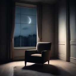 A dimly lit room with an unoccupied armchair next to a window, looking out onto an empty street under a moonlit sky, portraying a sense of solitude and melancholy vibes