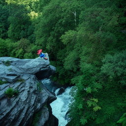 In a dense forest, a river with a waterfall flows past a massive boulder. Atop the boulder, a woman in blue clothes with crimson hair waterbends. Tall trees cradling numerous bird species encircle the river.