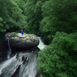 In a dense forest, a river with a waterfall flows past a massive boulder. Atop the boulder, a woman in blue clothes with crimson hair waterbends. Tall trees cradling numerous bird species encircle the river.