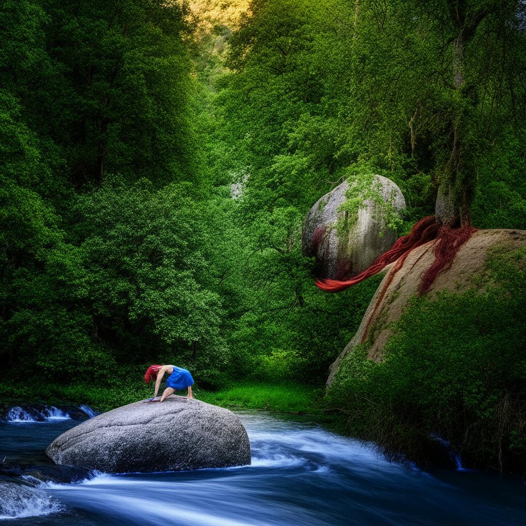 In a dense forest, a river with a waterfall flows past a massive boulder. Atop the boulder, a woman in blue clothes with crimson hair waterbends. Tall trees cradling numerous bird species encircle the river.