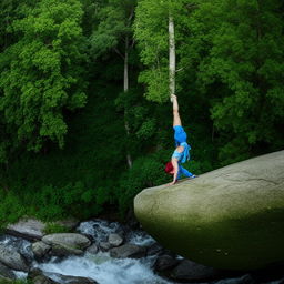 In a dense forest, a river with a waterfall flows past a massive boulder. Atop the boulder, a woman in blue clothes with crimson hair waterbends. Tall trees cradling numerous bird species encircle the river.