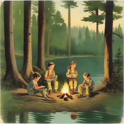 Four children enjoying a campfire during a camping trip, with matchboxes and a first aid kit. A hammock hanging between trees, a tent lit by a flashlight near a pond with a boy fishing.