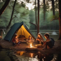 Four children enjoying a campfire during a camping trip, with matchboxes and a first aid kit. A hammock hanging between trees, a tent lit by a flashlight near a pond with a boy fishing.