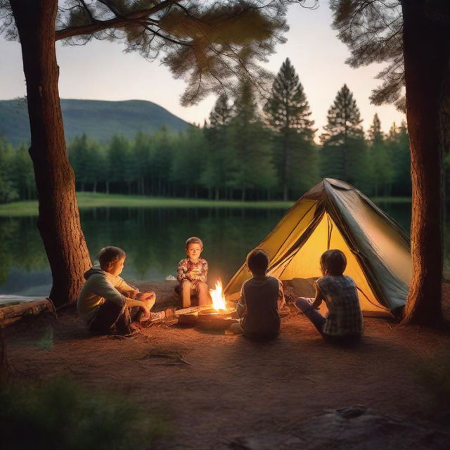 Four children enjoying a campfire during a camping trip, with matchboxes and a first aid kit. A hammock hanging between trees, a tent lit by a flashlight near a pond with a boy fishing.