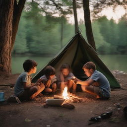 Four children enjoying a campfire during a camping trip, with matchboxes and a first aid kit. A hammock hanging between trees, a tent lit by a flashlight near a pond with a boy fishing.