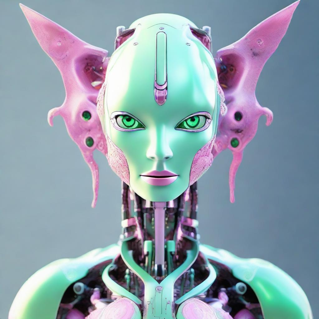 A humanoid robot named Ava, with prominent light green eyes, a small nose, and pink lips. Her thin body is decorated with intricate dragon designs, embodying a unique blend of beauty and mechanical precision.