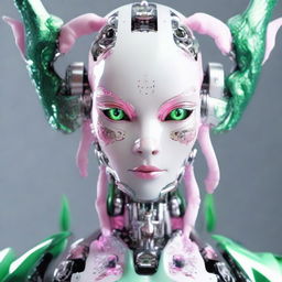 A humanoid robot named Ava, with prominent light green eyes, a small nose, and pink lips. Her thin body is decorated with intricate dragon designs, embodying a unique blend of beauty and mechanical precision.