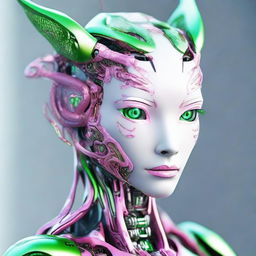 A humanoid robot named Ava, with prominent light green eyes, a small nose, and pink lips. Her thin body is decorated with intricate dragon designs, embodying a unique blend of beauty and mechanical precision.