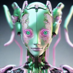 A humanoid robot named Ava, with prominent light green eyes, a small nose, and pink lips. Her thin body is decorated with intricate dragon designs, embodying a unique blend of beauty and mechanical precision.