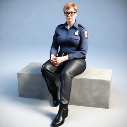 A realistic 3D image of a policewoman with short hair and glasses, sitting down, dressed in nylon pants and leather boots.