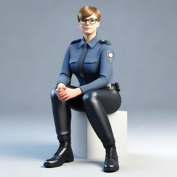 A realistic 3D image of a policewoman with short hair and glasses, sitting down, dressed in nylon pants and leather boots.