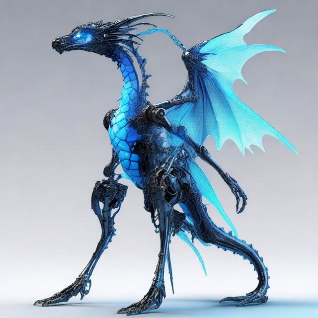 The entirely mechanical body of Ava, displaying thin limbs, hands and legs. A blue-lit spinal rod is visible, while different dragon designs enhancing her light and beautiful appearance.