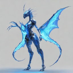 The entirely mechanical body of Ava, displaying thin limbs, hands and legs. A blue-lit spinal rod is visible, while different dragon designs enhancing her light and beautiful appearance.